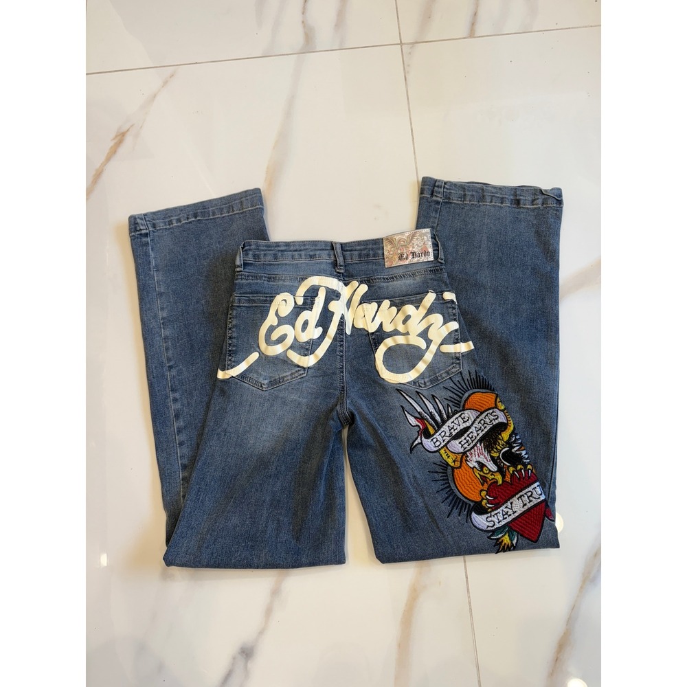 Ed Hardy Wide Leg Denim Jeans Blue Tattoo Graphic Embroidered Size 24 Y2K - Picture 4 of 7